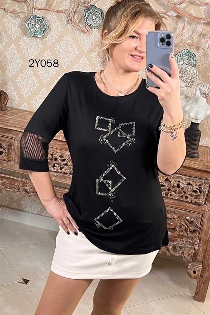 Kolu Fileli Taşlı Kuş Gözü Detay Bluz