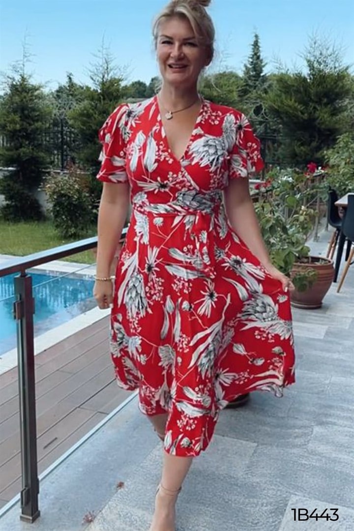 Kruvaze Yaka  Belden Bağlamalı Elbise