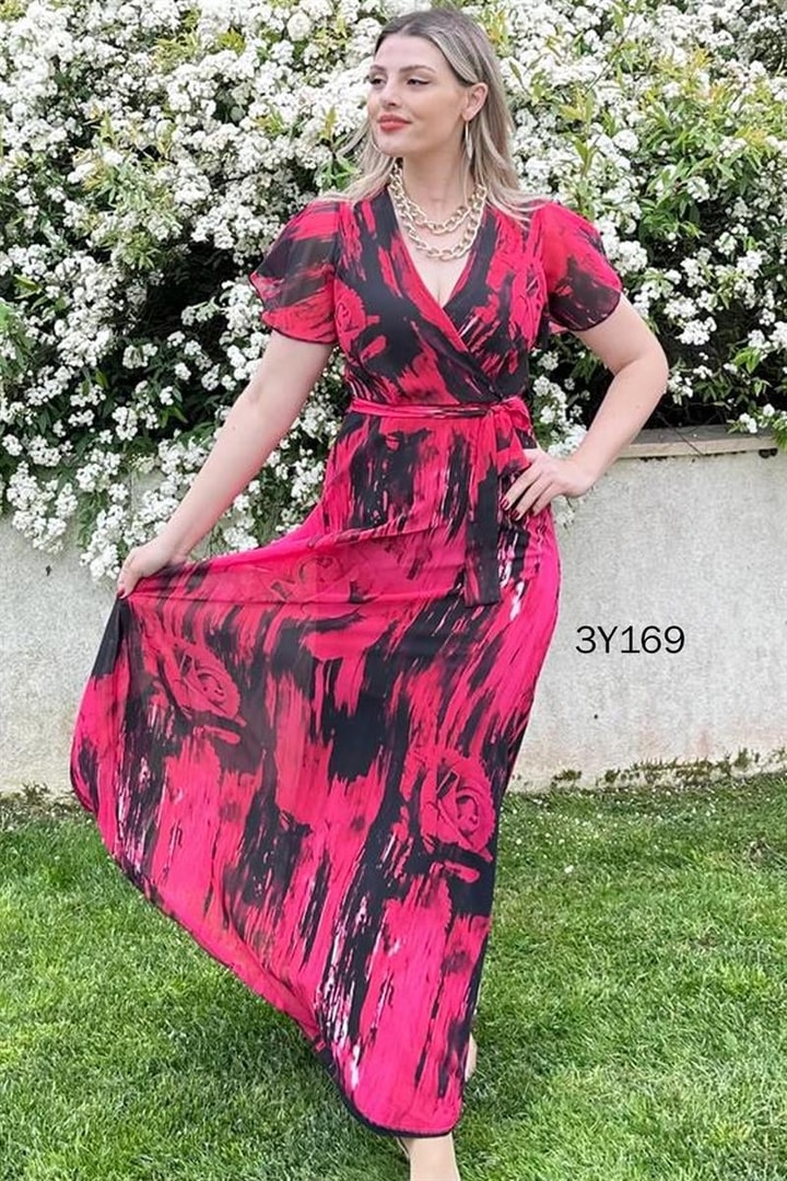 Kruvaze Yaka Belden Bağlamalı Şifon Elbise
