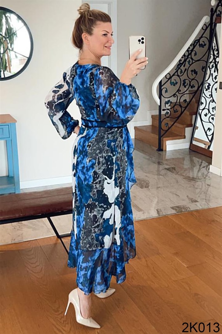 Kruvaze Yaka Beli Dantel Detay Şifon Elbise