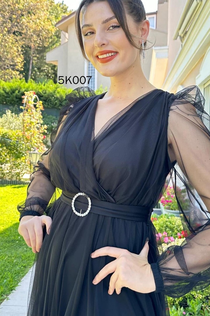 Kruvaze Yaka Beli Lastikli Kemerli Tül Elbise