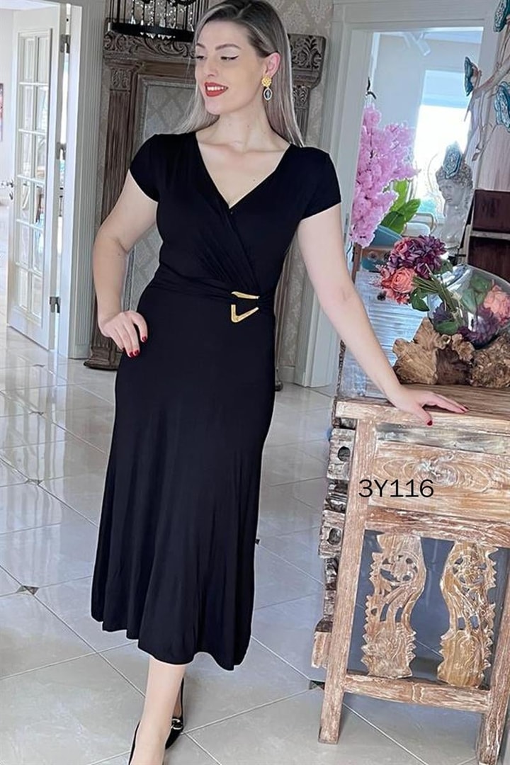 Kruvaze Yaka Beli Tokalı Viskon Elbise