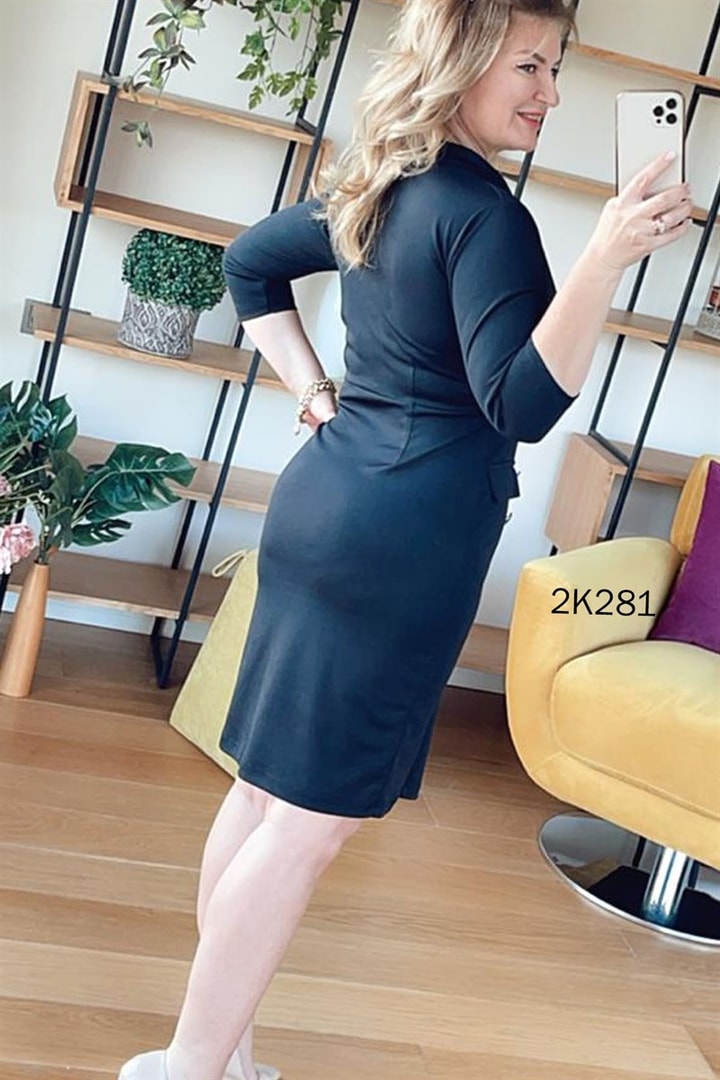 Kruvaze Yaka Ofis Elbisesi