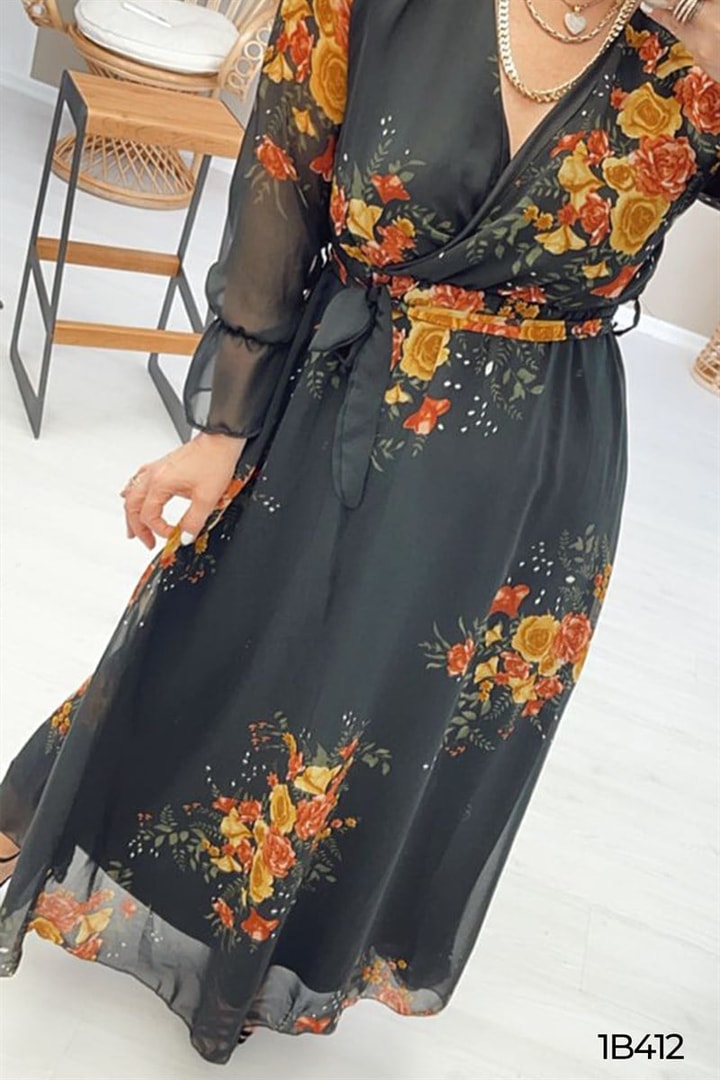 Kruvaze Yaka Şifon Elbise