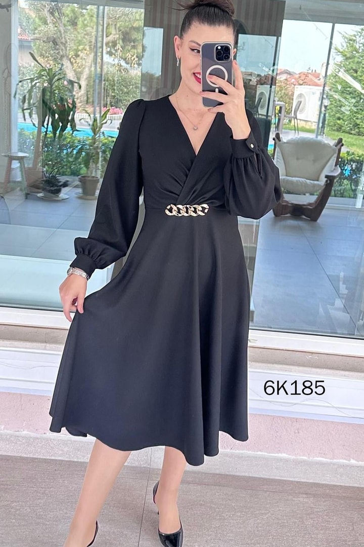 Kruvaze Yaka Tokalı Krep Elbise
