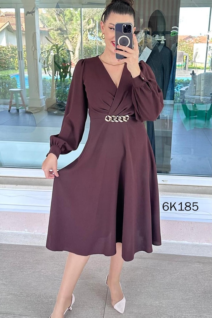 Kruvaze Yaka Tokalı Krep Elbise