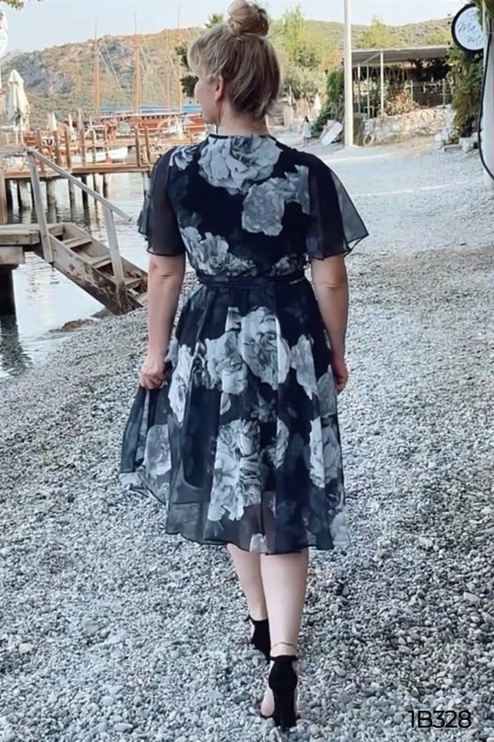 Kruvaze Yaka Volan Kol Şifon Elbise