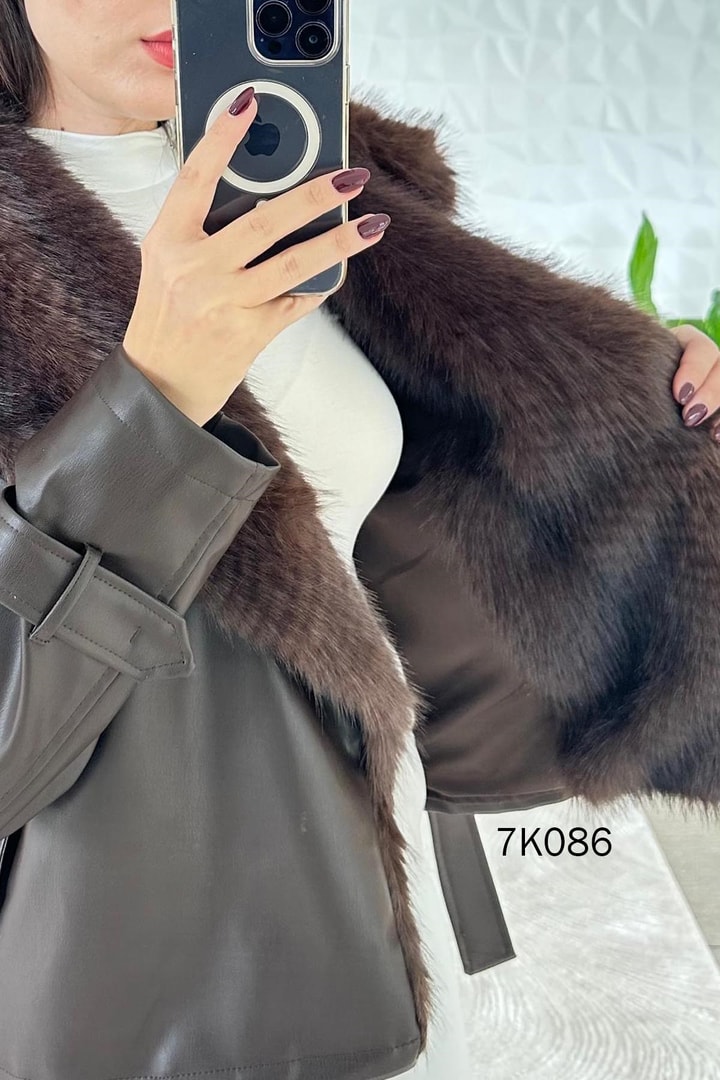 Kürk Yaka Kuşaklı Deri Mont