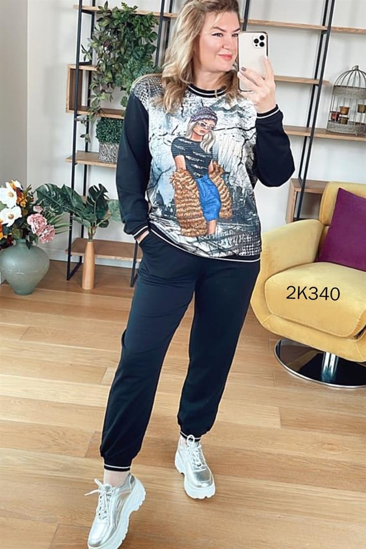 Kürklü Kız Baskılı Eşofman Takımı