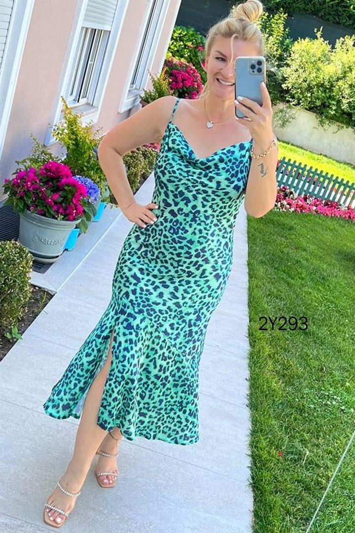 Leopar Baskılı Saten Elbise