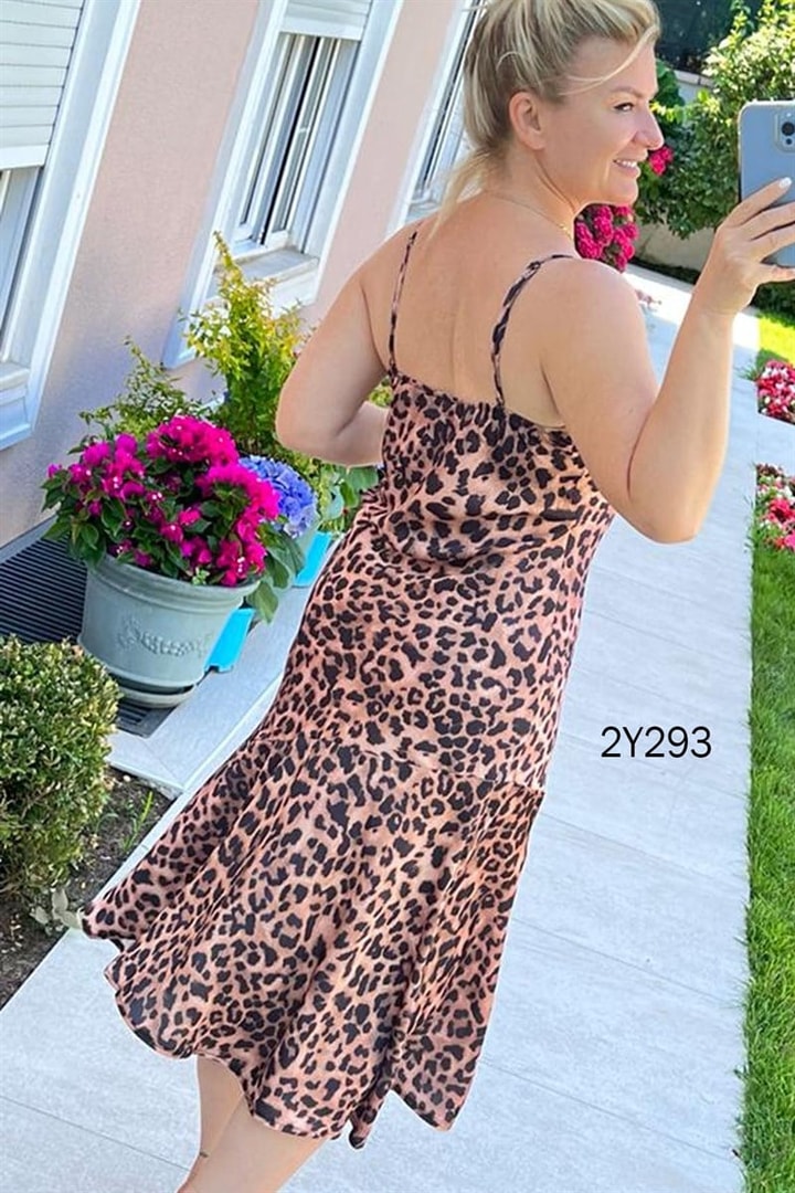 Leopar Baskılı Saten Elbise