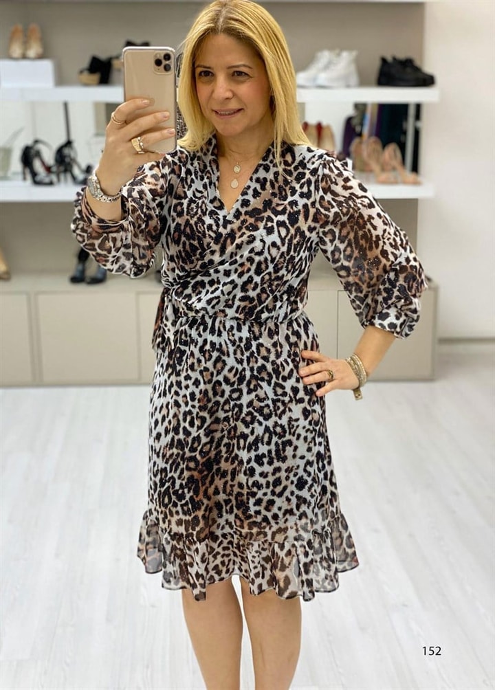 Leopar Desenli Şifon Elbise