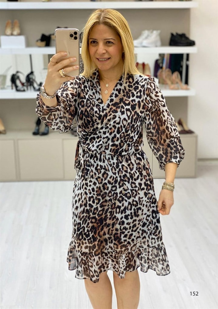 Leopar Desenli Şifon Elbise