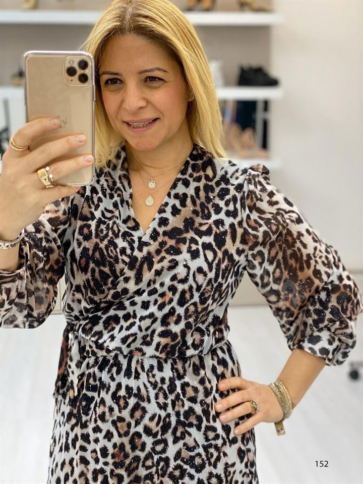 Leopar Desenli Şifon Elbise