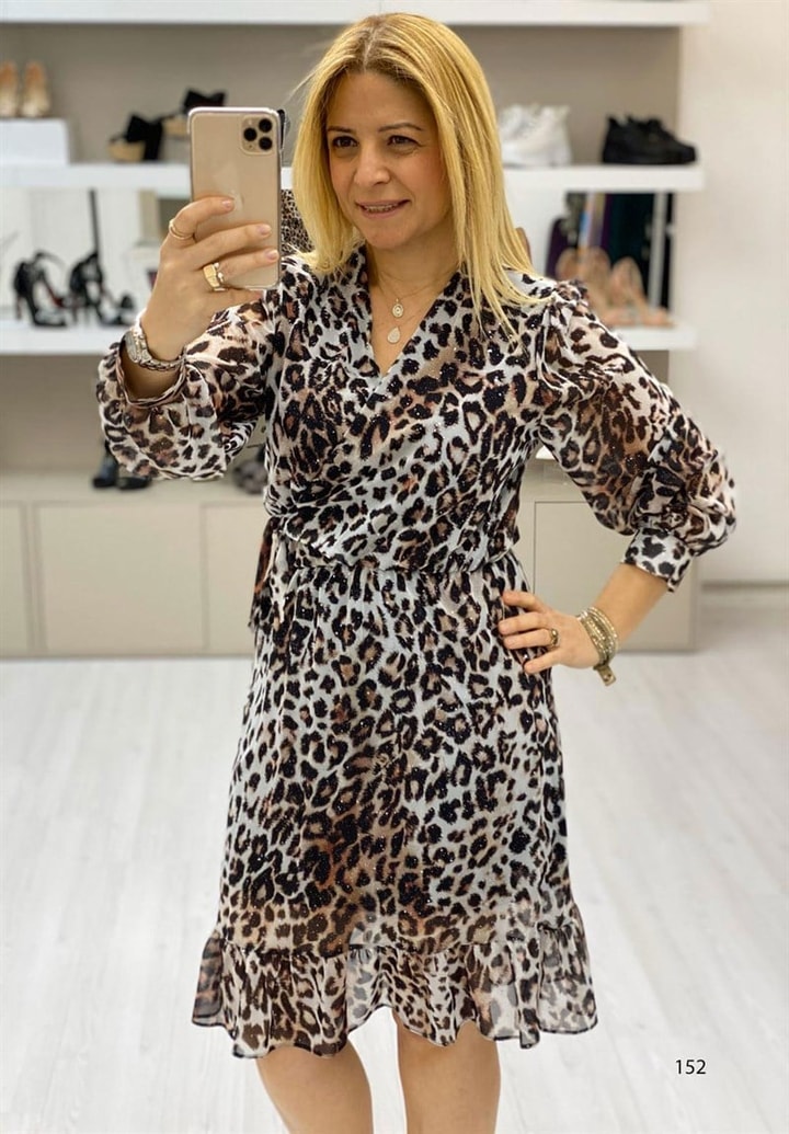 Leopar Desenli Şifon Elbise