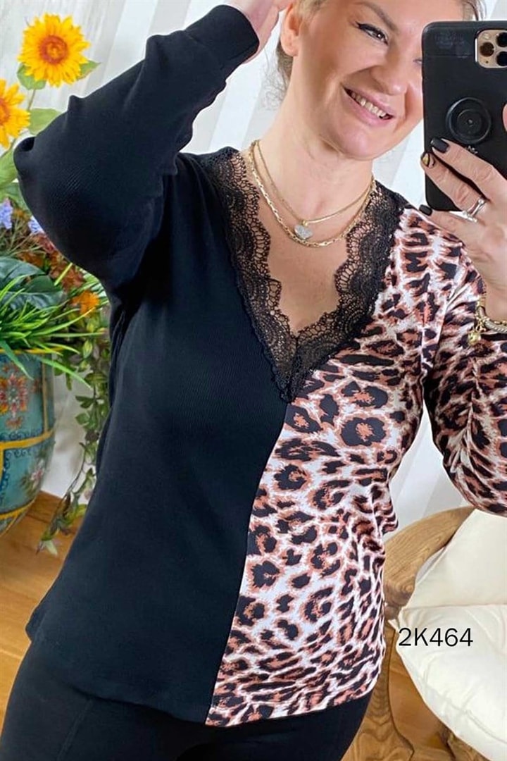 Leopar Garnili Dantel Detay Kaşkorse Bluz