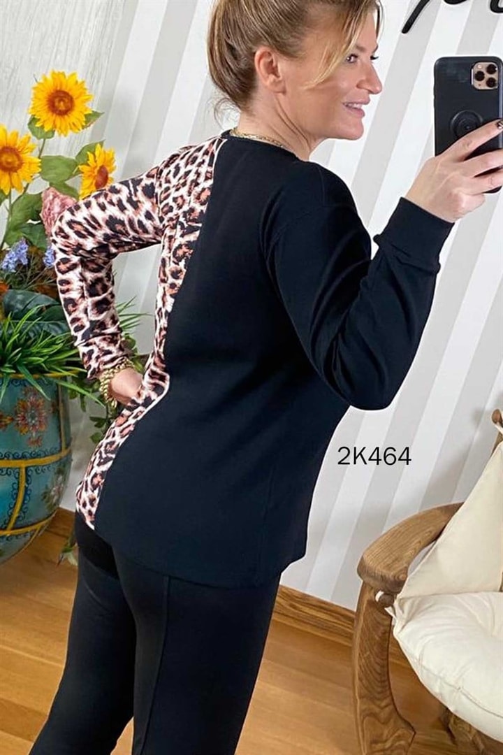 Leopar Garnili Dantel Detay Kaşkorse Bluz