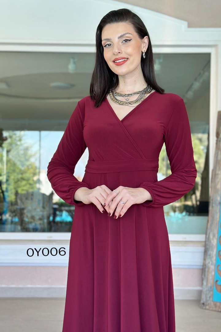 Likralı Kruvaze Yaka Uzun Elbise