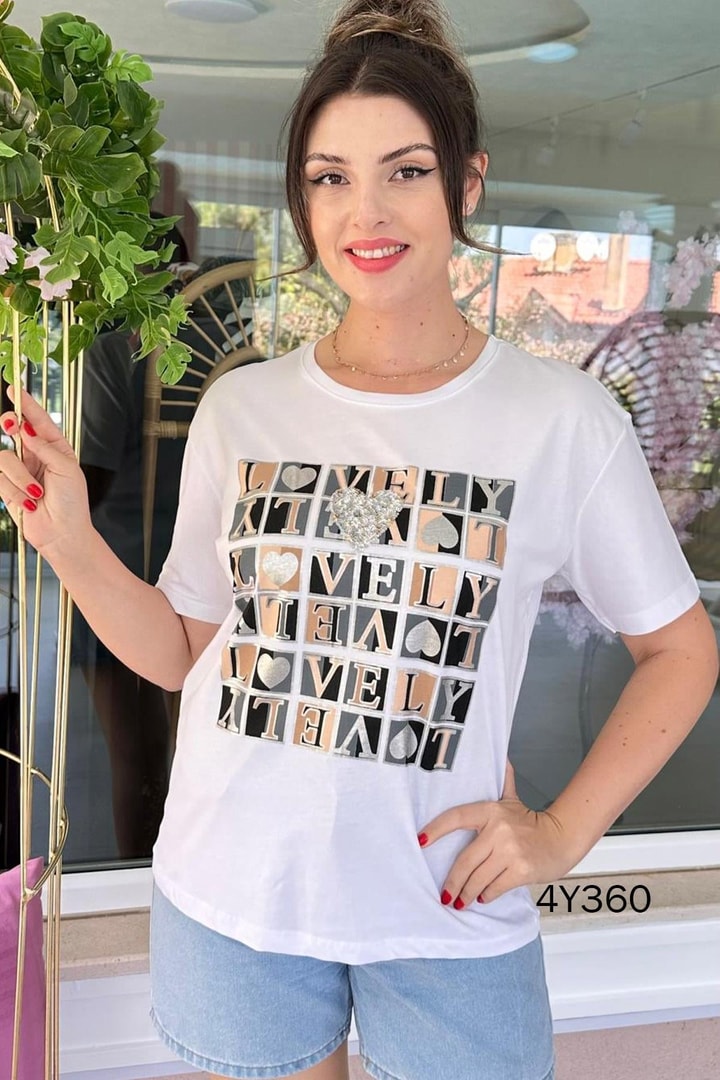 Love Kalp Taşlı Baskılı Tshirt