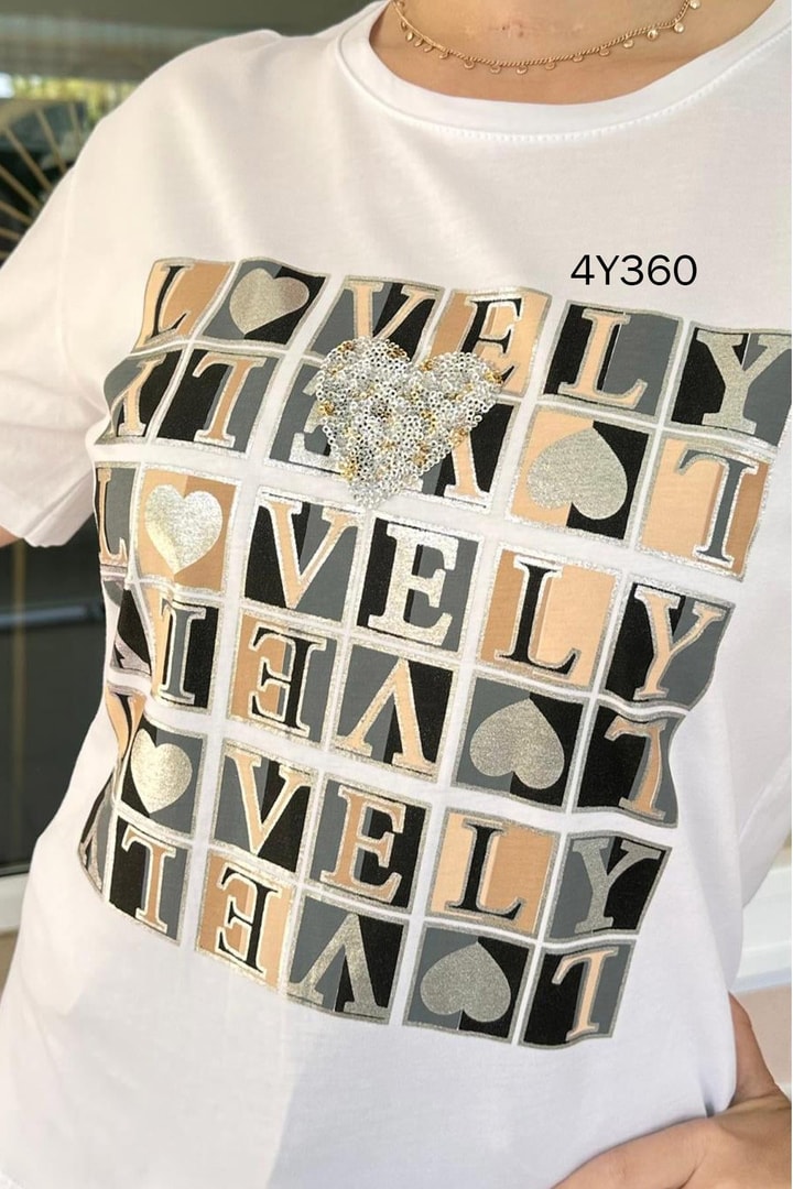Love Kalp Taşlı Baskılı Tshirt