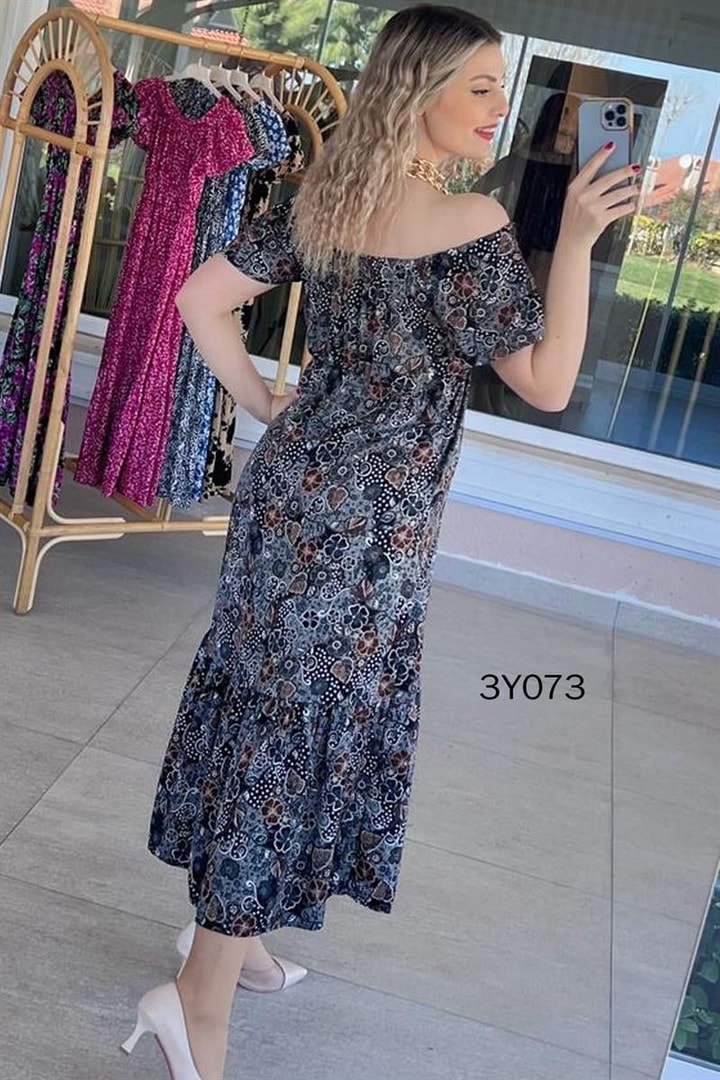 Madonna Yaka Beli Lastikli Viskon Elbise