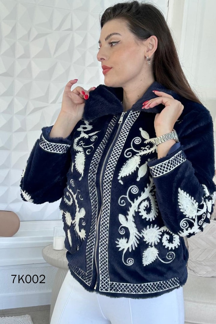 Nakışlı Tavşan Dokulu Kürk Ceket