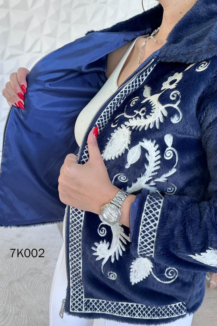 Nakışlı Tavşan Dokulu Kürk Ceket