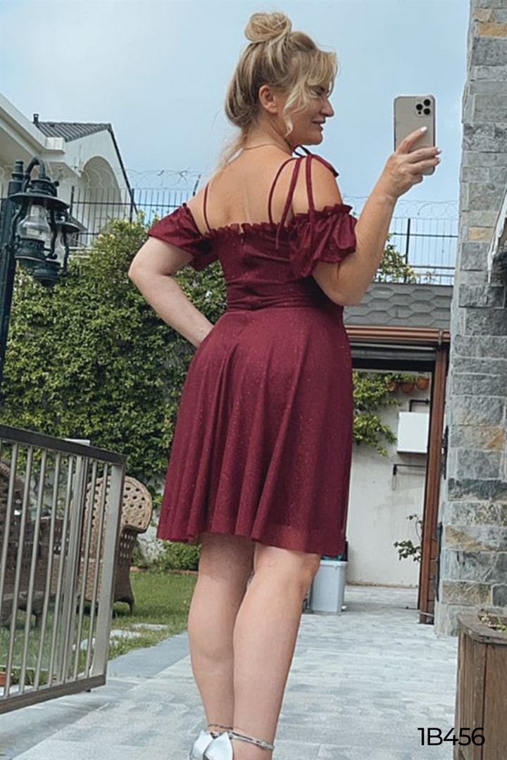 Omuz Dekolte İp Askılı Simli Elbise