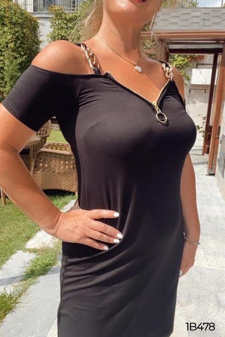 Omuz Dekolte Önden Fermuarlı Elbise