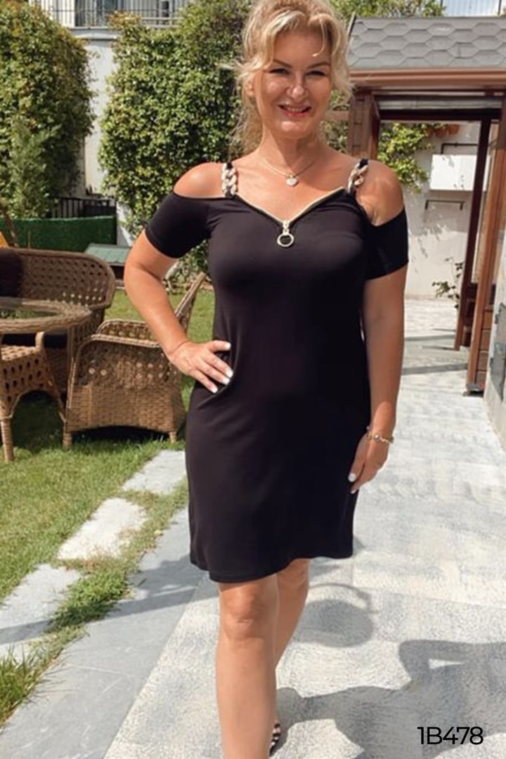 Omuz Dekolte Önden Fermuarlı Elbise