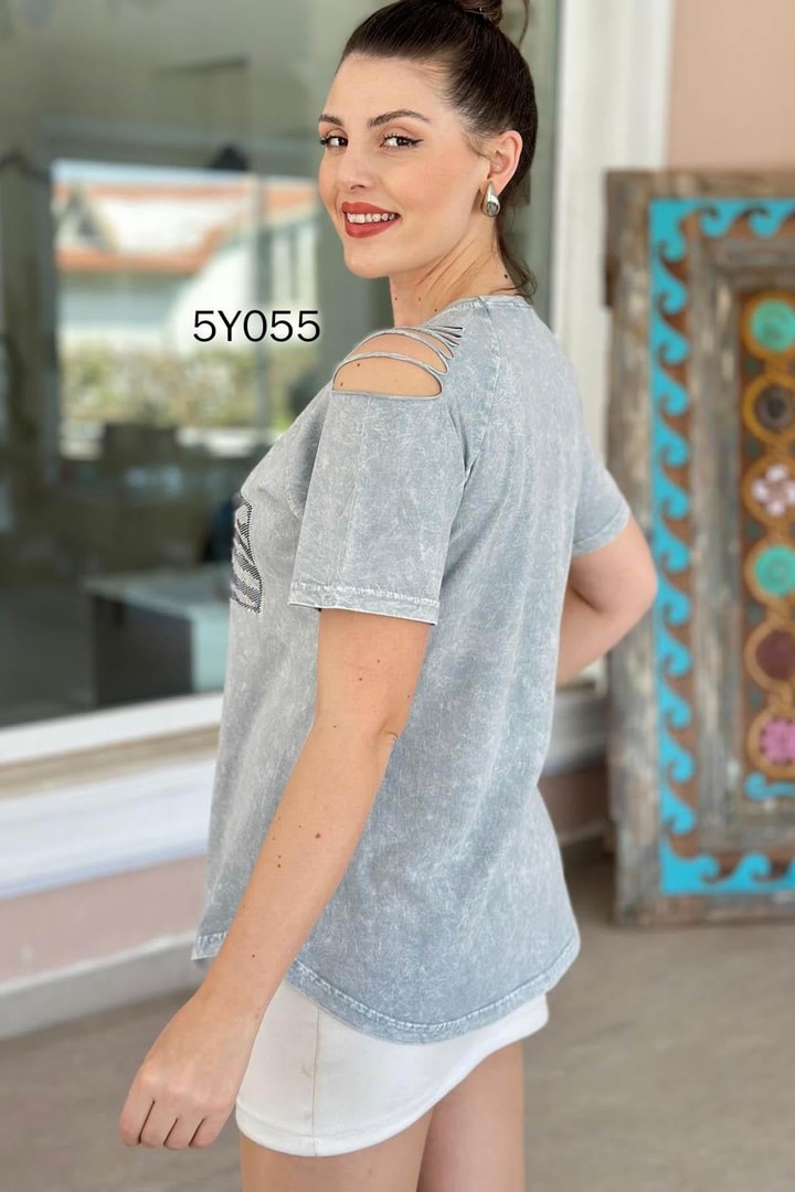 Omuz Dekolte Taş Detay Pamuk Bluz