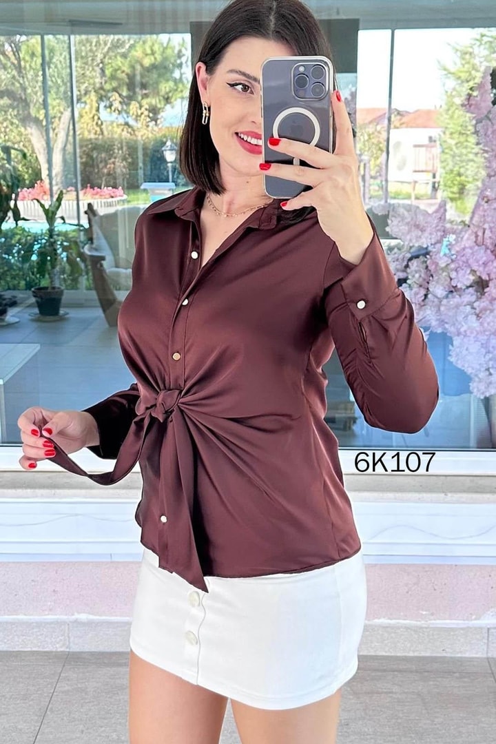 Önden Bağlamalı İpek Saten Gömlek