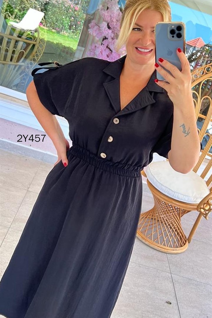 Önden Düğmeli Beli Lastikli Elbise