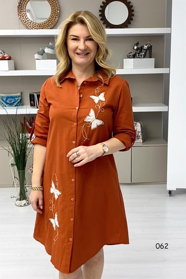 Önden Düğmeli Keten Elbise