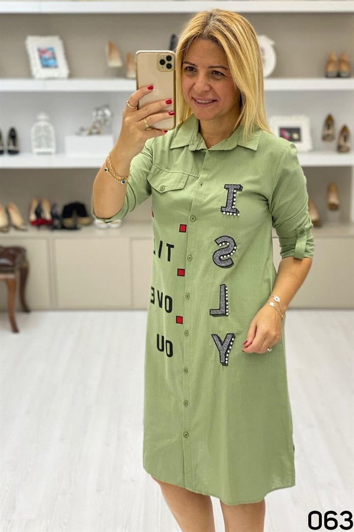 Önden Düğmeli Keten Elbise