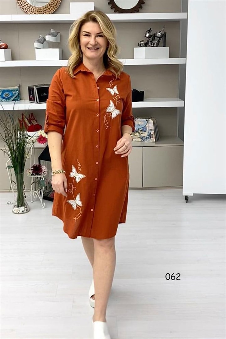 Önden Düğmeli Keten Elbise