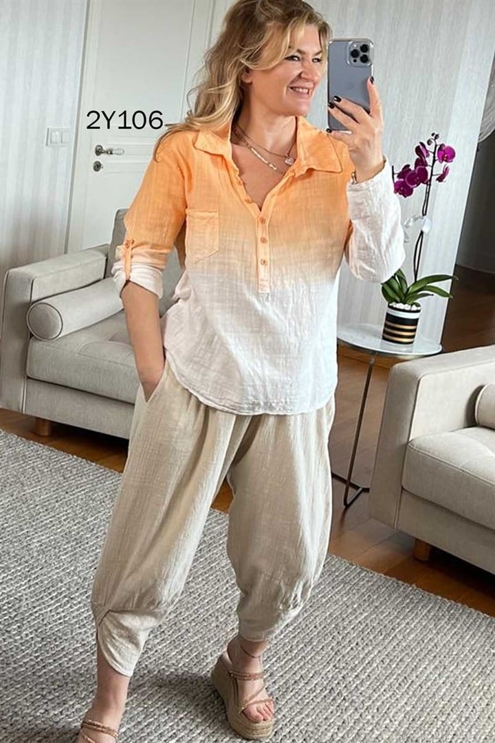 Önden Yarım Düğmeli Batik Gömlek
