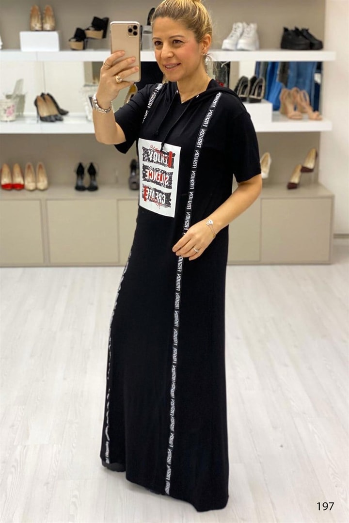 Önü Baskılı Şeritli Elbise