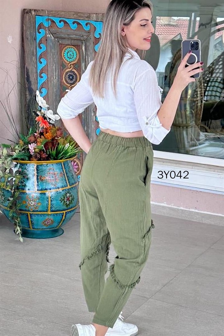 Parçalı Püsküllü Keten Pantolon