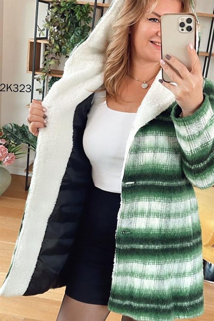 Peluş Garnili Kapşonlu Ekose Kaşe