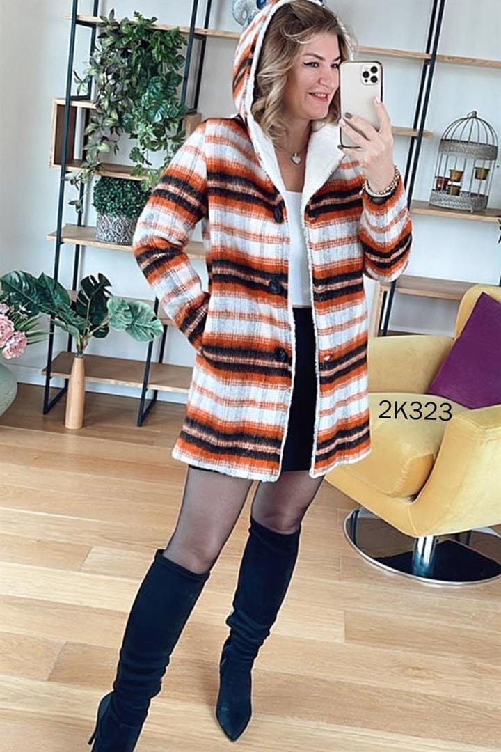 Peluş Garnili Kapşonlu Ekose Kaşe