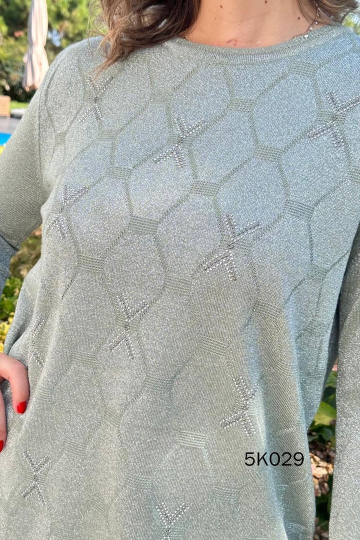 Petek Desenli Taş Detay Simli Triko Bluz