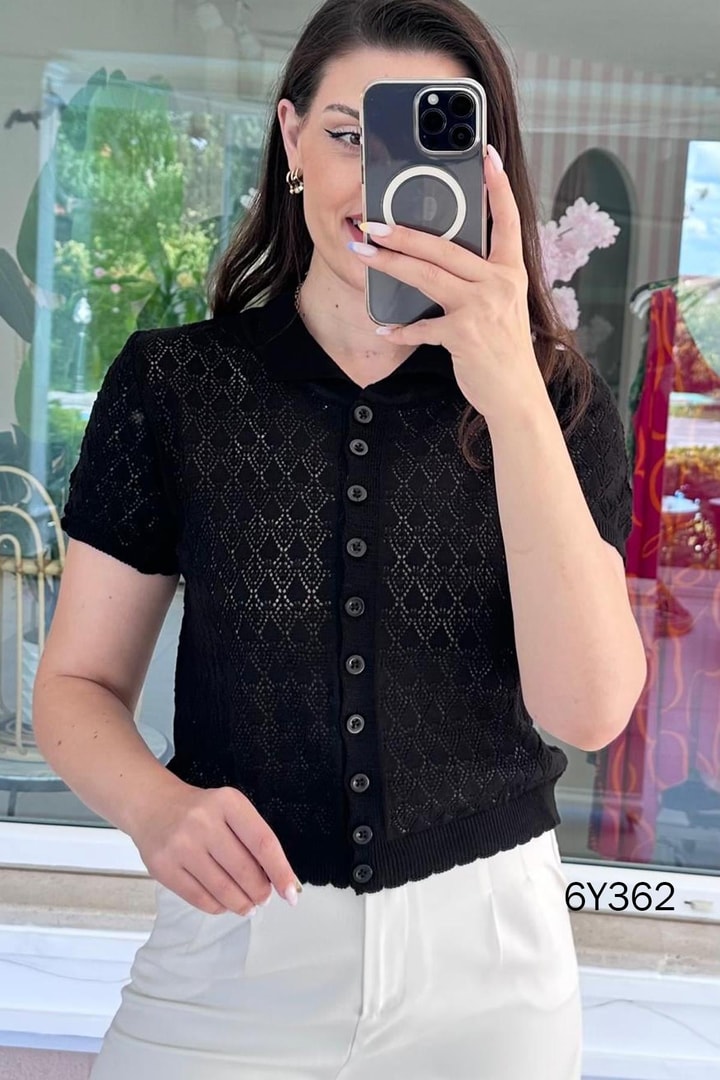 Polo Yaka Ajurlu Triko Hırka