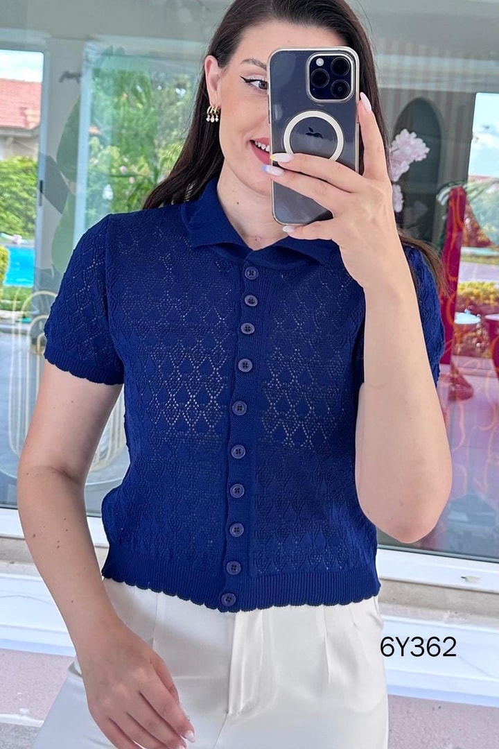 Polo Yaka Ajurlu Triko Hırka