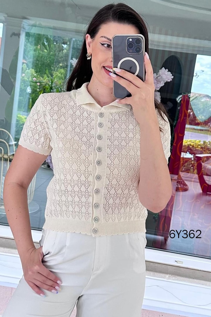Polo Yaka Ajurlu Triko Hırka