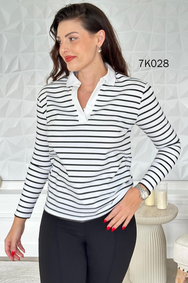 Polo Yaka Çizgili 2 İplik Sweatshirt