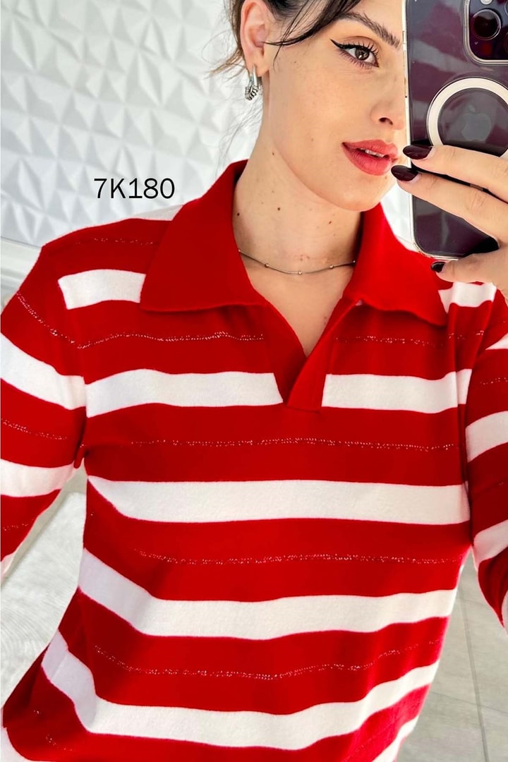 Polo Yaka Çizgili Simli Triko Bluz