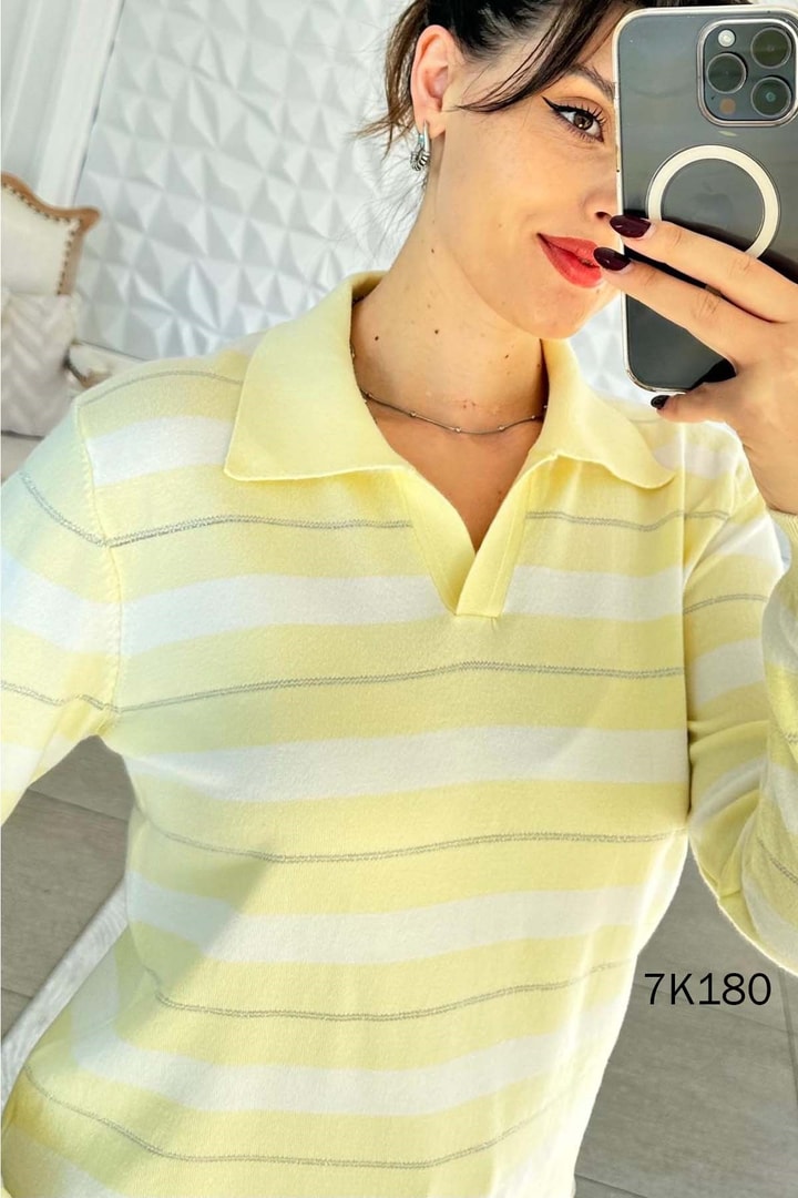 Polo Yaka Çizgili Simli Triko Bluz