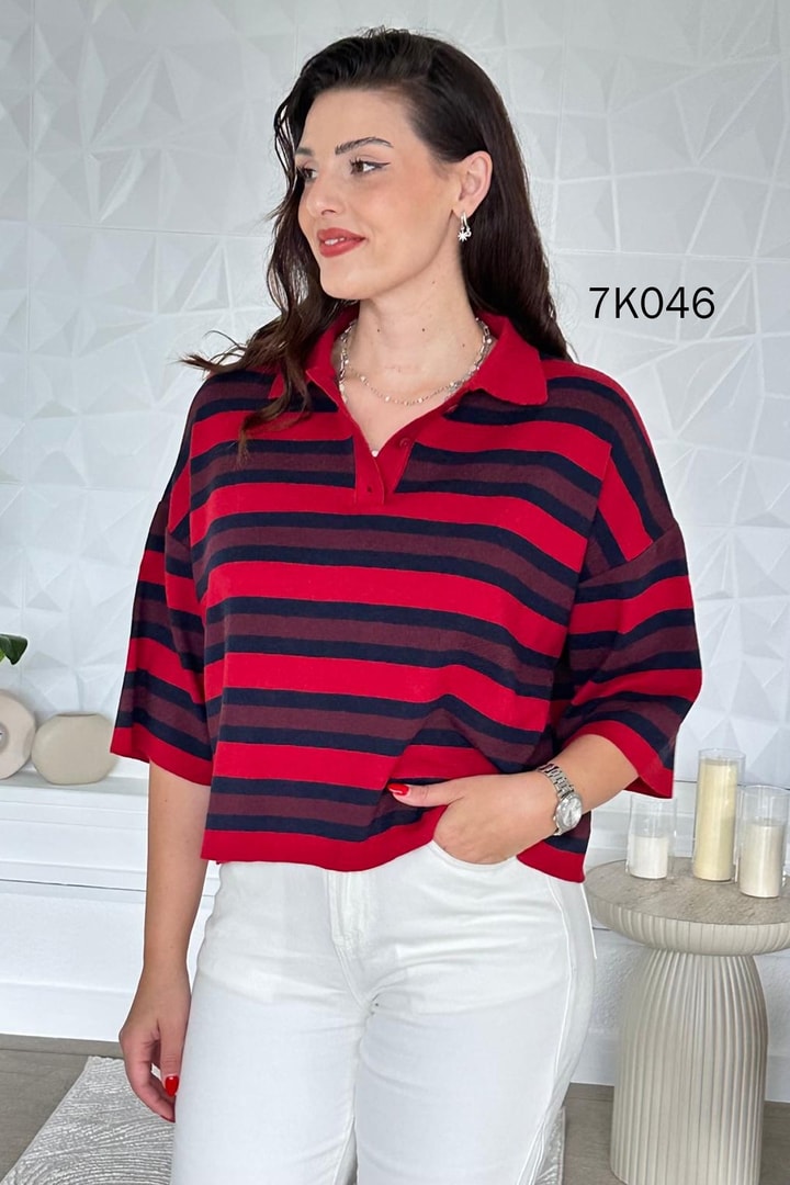 Polo Yaka Çizgili Triko Bluz