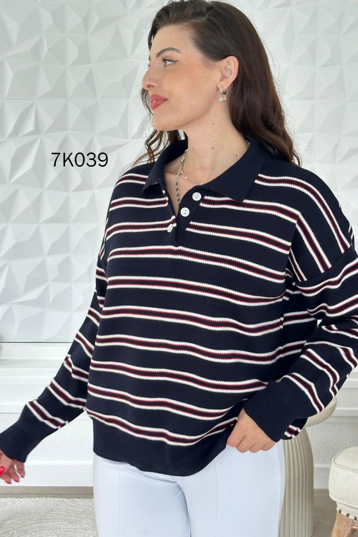Polo Yaka Çizgili Triko Bluz